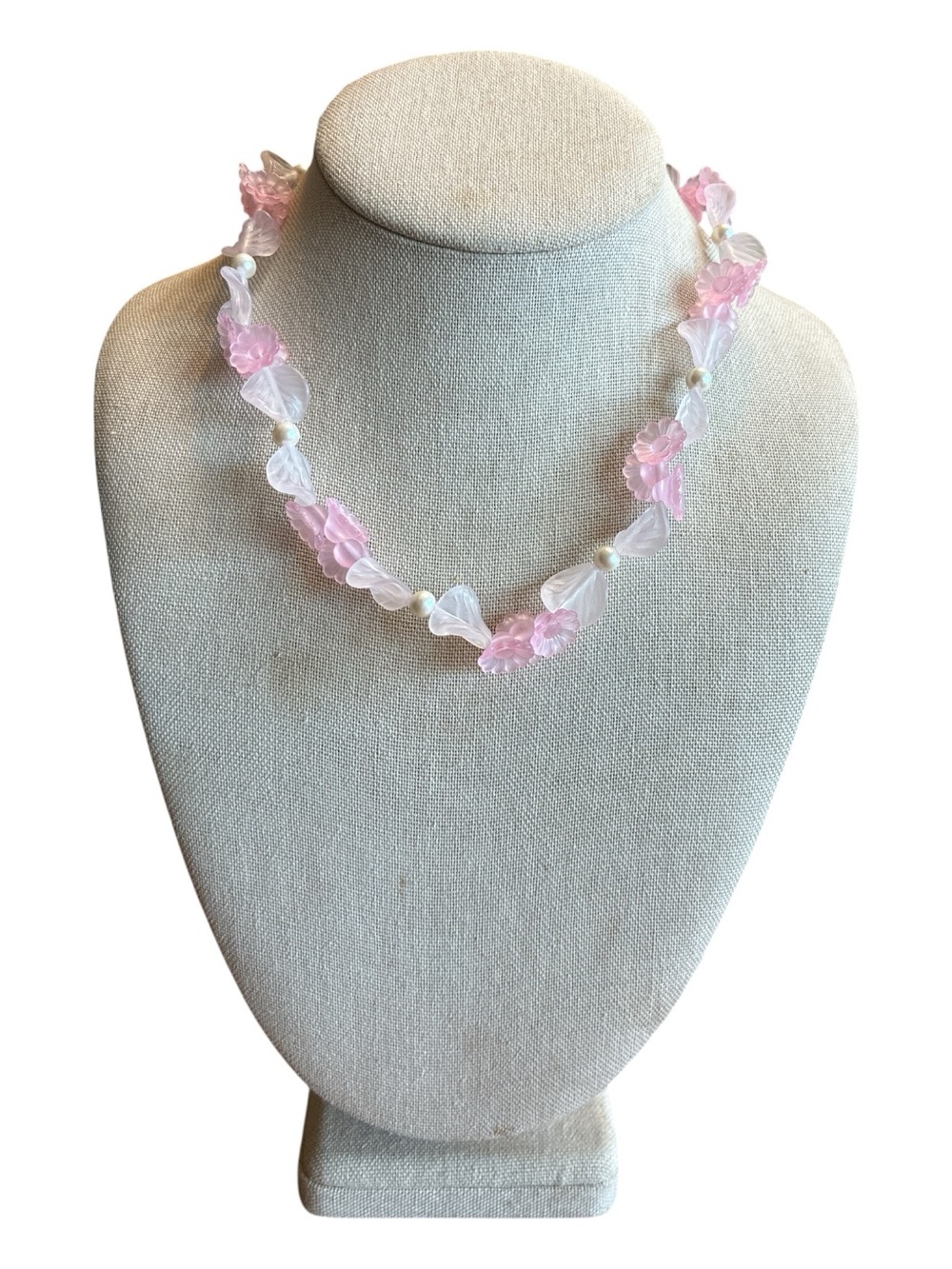 Pink Floral & Pearl Necklace ~ 18 Inches